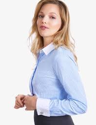 Women S Blue White Bengal Stripe Fitted Executive Double Cuff Shirt Collar Shirts Women Blue Shirt Women Striped Shirt Women