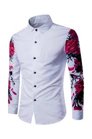 T shirt for men @₹299: Summer New Trendy Leisure Floral Printed Long Sleeve Button Up White Shirt For Men Beautifulhalo Com