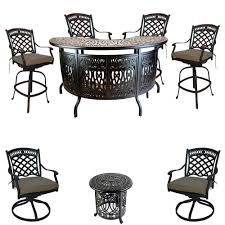 8 Piece Patio Cast Aluminum Party Bar And Swivel Bistro Set With Sunbrella Seats Elisa Outdoor Dining Chairs Outdoor Bistro Set Patio Aluminum Patio Furniture