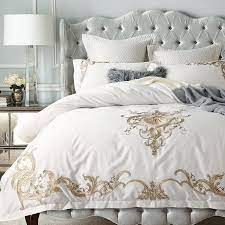 Glam up your bedroom with the lustrous bedroom furniture set. Luxury Glam White And Gold Indian Pattern Full Queen Size Bedding Bedspread Bedroom Sets Luxury Bedspreads Bedding Sets White And Gold Bedding