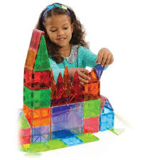His dad sends pics of his creations and he mixes the tiles with his magnatized blocks. Magna Tiles 100 Piece Clear Colors Set Target