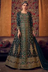 Online shopping wedding wear gowns, party wear gowns, engagement wear gown, sangeet wear gown, mehendi wear embroidery online floral embroidery anarkali gown green gown indian suits designer wear half sleeves ready to wear gowns. Buy Floral Embroidered Party Wear Net Anarkali Suit With Jacket Online Like A Diva