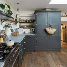 The cabinets feature soft closing drawers and doors, and a 7 step finish process with a uv coating. Modern Country Kitchen Dark Grey Shaker Kitchen Cabinets With Prismatic Ribbed Glass Hanging Penda Wood Floor Kitchen Grey Kitchen Designs Grey Shaker Kitchen