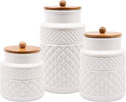 Find kitchen canisters & jars at wayfair. Amazon Com American Recreations Embossed Faceted Canister White Ceramic Set Of 3 Round Jars With For Kitchen Ceramic Set Ceramic Canister Set Canister Sets