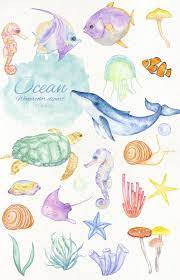Blue Ocean Clipart Watercolor Underwater Creatures Whale Etsy In 2021 Sea Creatures Drawing Underwater Drawing Ocean Drawing