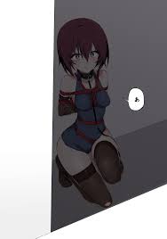 kinbakuman, m-chan (kinbakuman), original, absurdres, highres, 1girl, arms  behind back, bdsm, bondage, bound, bound ankles, bound arms, breast bondage,  breasts, choker, crotch rope, cuffs, elbow gloves, gloves, green eyes,  one-piece swimsuit, purple