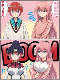 ryuhirohumi, amate yuzuriha, gotoh hitori, bocchi the rock!, gundam, gundam  gquuuuuux, highres, 2girls, aqua eyes, blue eyes, blush, bodysuit, breasts,  closed mouth, cube hair ornament, hair between eyes, hair ornament, jacket,  long hair, long sleeves ...