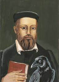 5x7 Nostradamus RYTA Raven Crow France French Philosopher Portrait Mid Evil  Folk Art Antique Style Print of Painting Haunted Halloween Bird