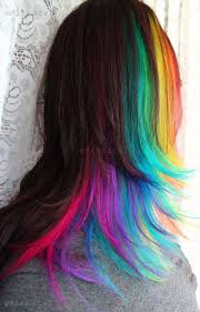 This peachy rainbow hairstyle works with various shades all in the same color family, making for a slightly more subdued rainbow palette. Standalone Hair Color Black With Rainbow Highlights