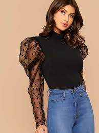 shein dobby mesh gigot sleeve mock neck slim top leg of mutton sleeve slimming tops fashion outfits