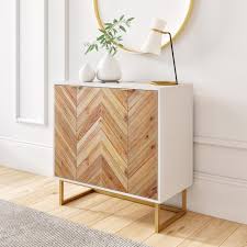 Nathan James Enloe White Frame With Brown Rustic Doors And Gold Base Free Standing Modern Storage Cabinet For Entryway Or Living Room 71201 The Home Depot