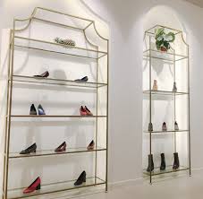 Brass glass door wood shelf four tier vintage knick knack wall mountable display. Wall Metal And Tempered Glass Shoe Display Shelf Boutique Store Fixtures Manufacuring Retail Shop Fitting Display Furniture Supply