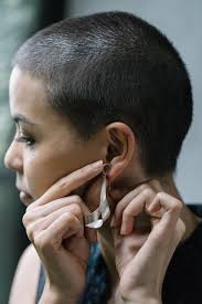 Twisted Silver Strip Handmade Earrings With Etched Surface E0186 Buzzed Hair Women Hipster Haircut Short Hair Styles