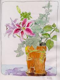 Double complementary color schemes are created by using colors that are next to each other and then finding their opposites on the color wheel. Double Complementary Color Scheme Lilies And Eucalyptus In Roseville Vase Creative Color