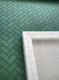 What is the cheapest bathroom flooring? Brian Paquette Interiors Gallery Kismet Tile Should Have Started At The Miter With Half Tile Then Ful Green Tile Bathroom Tile Bathroom Bathroom Floor Tiles