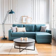 Pour une grande surface, optez pour un canapé d'angle spacieux et confortable ! Canape D Angle Reversible Convertible En Tissu Bleu Figuerolles Fernand Canape D Angle En Tissu Alinea