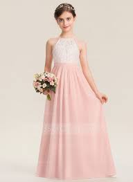 Jjshouse A Linje Scoop Neck Golvlangd Chiffong Spets Junior Brudtarneklanning In 2020 Chiffon Flower Girl Dress Girls Bridesmaid Dresses Kids Bridesmaid Dress
