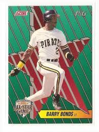 A 1992 upper deck barry bonds baseball card # 134 has a book value of about $1.00. 1992 Score Baseball Card 15 Of 18 Nm M Barry Bonds P G All Star Game