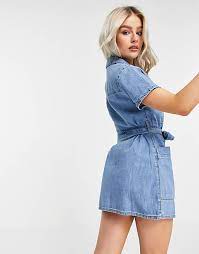 Asos Design Petite Denim Double Breasted Shirt Dress In Midwash Blue Asos