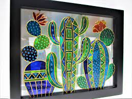 Cactus Art Glass Painting Wall Decor Window Decor Painted Glass Framed Art Original Art Abstract Flowers Art Bohemian Decor Stained Glass Flower Art Glass Painting Designs Glass Painting