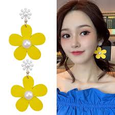 Gelb Farbe Nette Blume Ohrringe für Frauen Aussage Vintage Geometrische  Runde Blatt Baumeln Ohrring 2021 Mädchen Mode Schmuck