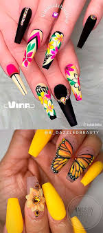 Pin On Nail Sns coffin shape with tips and butterflies.