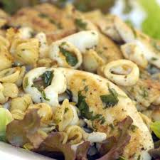 It calls for just eight ingredients: Chilli Chicken And Calamari Pasta Salad With Fresh Coriander Dressing Ina Paarman