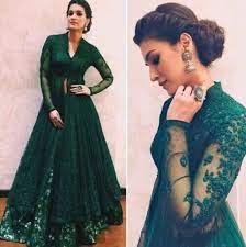 Simple Low Hair Bun For Gown With Long Sleeves Green Formal Dresses Indian Gowns Dresses Designer Dresses Indian
