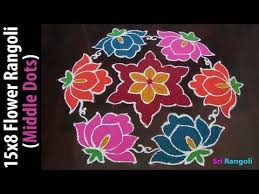 Draw kolam as above and join the dots as shown above. Flower Rangoli Designs With Dots 15 8 With Colours Step By Step 15x8 Middle Dots Poo Kol Rangoli Border Designs Rangoli Designs With Dots Big Rangoli Designs
