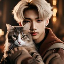 Lee Felix straight kids holds a cat in his hands" — image created in  Shedevrum