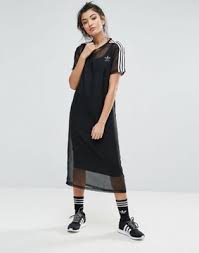 Adidas Originals Black Midi Dress With Sheer Mesh Overlay Black Midi Dress Adidas Dress Latest Fashion Clothes