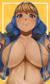 wattson (apex legends), apex legends, highres, 1girl, :3, blonde hair, blue  gloves, blush, breasts, cleavage, clenched hands, collarbone, eyebrows  hidden by hair, gloves, heart, heart in eye, jacket, large breasts, loa (loa