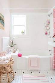 In this refined bathroom created by designyyz, the small marble tile inserted within a large slate tile floor lengthens the space and provides a nice focal point. Pink Girly Bathroom Design Transitional Bathroom Shabby Chic Bathroom Girly Bathroom Girls Bathroom