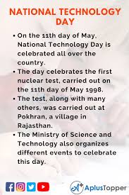 The day is observed to commemorate the achievements of the science fraternity. 10 Lines On National Technology Day For Students And Children In English A Plus Topper