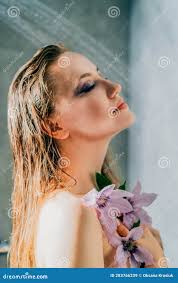 Beautiful Slim Nude Female with Long Hair and Healthy Skin in the Shower.  Seductive Woman with Closed Eyes Purple Stock Image - Image of gray,  healthy: 283766239