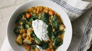 Black Bean And Sweet Potato Soup Bon Appétit Red Lentil And Vegetable Soup With Chive Yogurt Recipe Lentil Recipes Vegetarian Soup Veggie Soup