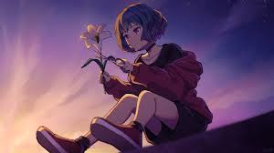 nira-chan, zutto mayonaka de ii no ni, highres, 1girl, black choker, black  hair, black shorts, brown eyes, choker, flower, full body, hood, hood down,  hooded jacket, jacket, lily (flower), outdoors, red jacket,