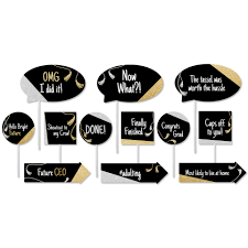 Graduation photo props encourage everyone to take shareable photos and these pictures are sure to be looked back at fondly for years to come. Modern Graduation Photo Props Gold Silver White Stumps Party
