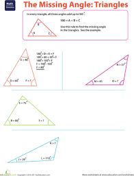 If you know one angle apart from the right angle, calculation of the third one is a piece of cake: The Missing Angle Triangles Worksheet Education Com Triangle Worksheet Education Math Education Math Geometry