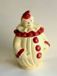 Price of mccoy black glazed cookie jar with floral pattern. Charming Dustbowl Era Clown Cookie Jar From The Pan American Art Company Cookie Jars Vintage Antique Cookie Jars Cookie Jars
