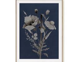 Printable Art, Botanical Print Set of 3, Gray Beige Wildflowers, Blue Wall  Art, Navy Background Print, Botanical Plant Prints