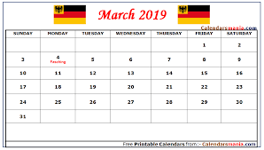 March 2019 Calendar Germany 2019 Calendar Calendar Printables Calendar