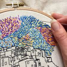 Van gogh brooch embroidery selfportrait art embroidery. Learn How To Embroider A Sky Hand Embroidery Patterns Embroidery Patterns Learn Embroidery