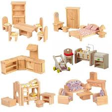 Bedroom with bed (bed, blanket and pillows as separate props), two side tables and a wardrobe with moveable doors; 6 Room Dollhouse Furniture Set Elves Angels
