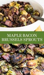 Spoon brussels sprouts into a serving dish; Maple Bacon Brussels Sprouts Handle The Heat