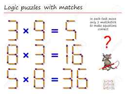 logical puzzle game with matches in each task move only 1 matchstick to make equations correct math tasks on multiplication printable page for brain teaser book vector image royalty free svg cliparts