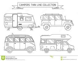 Rv Campers Trailer Thin Line Art Travel Concept Set Camping Family Caravan Icon Collection Traveler Trucks Black White 6743083 Camper Drawing Camper Art Camper