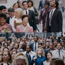 In "The Pursuit of Happiness" in the beginning, Chris Gardner says "They  all look so damn happy" but him, in the end he is the happy one and  everbody else is sad. :