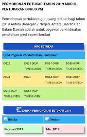Untuk makluman, permohonan pertukaran guru melalui sistem atas talian egtukar 2019 akan dibuka bermula 18 februari. Facebook