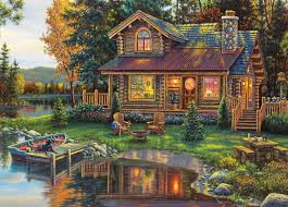 Difficult jigsaw puzzles thomas kinkade the house beside the river. Weekend Getaway 1000pc Jigsaw Puzzle By Masterpieces Landscape Paintings Cottage Art Cabin Art